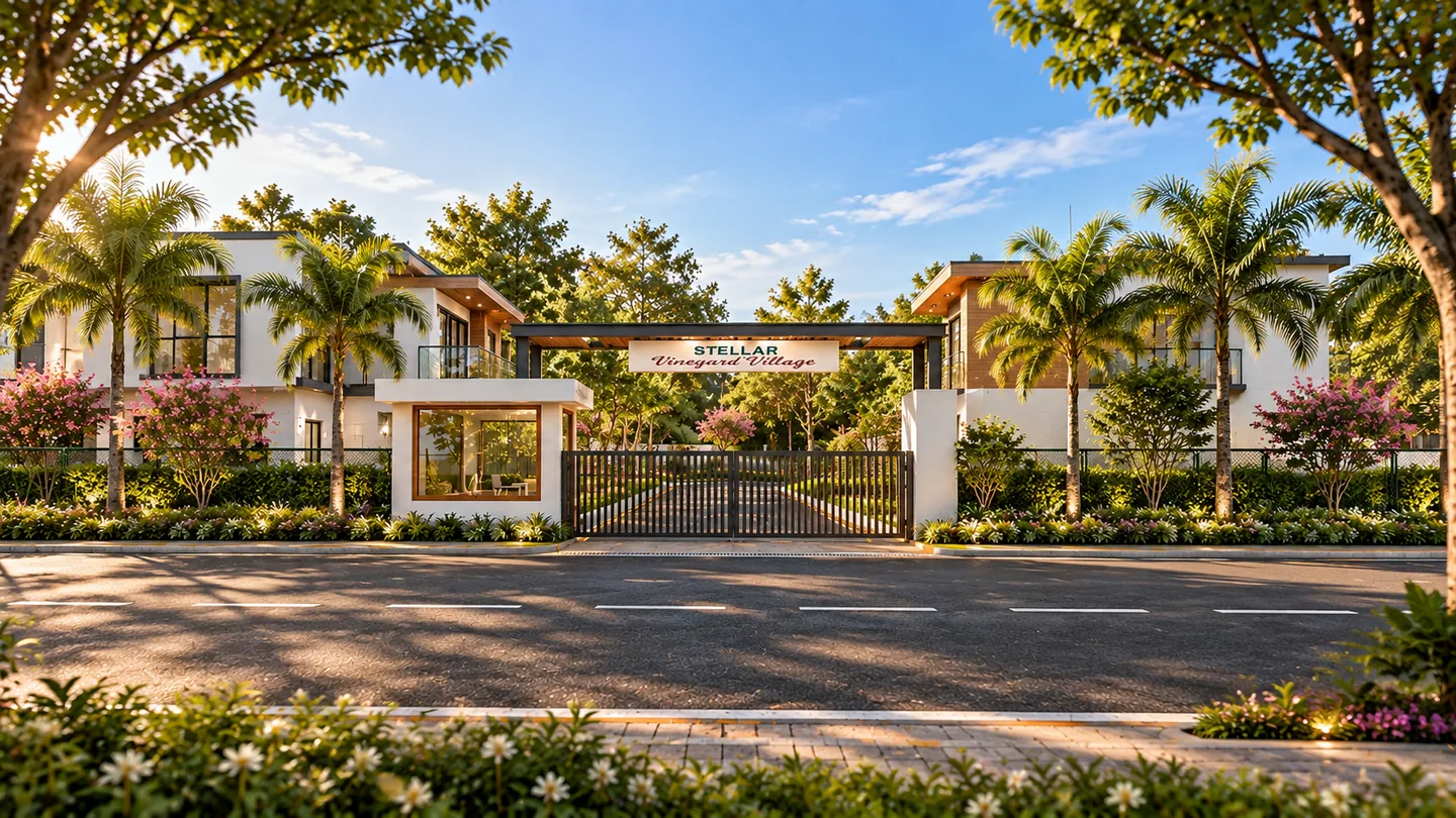 Stellar Vineyard Village entrance gate with modern villas, palm trees and landscaped gardens at golden hour