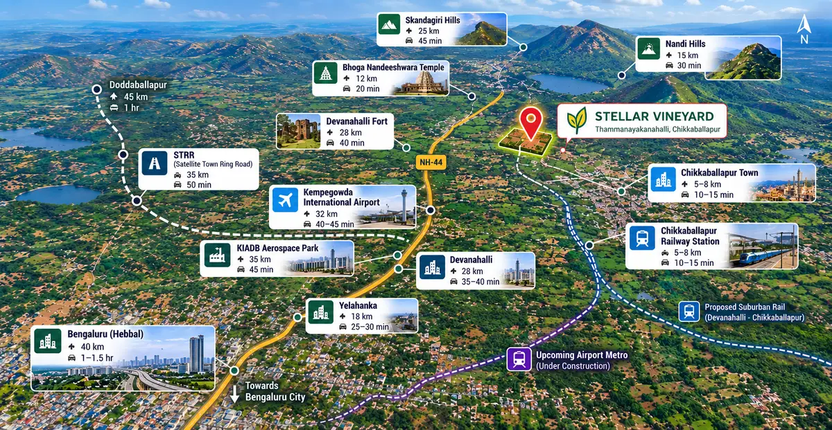 Connectivity map of Stellar Vineyard in Thammanayakanahalli, Chikkaballapur, showing drive times to Nandi Hills (15 km, 30 min), Skandagiri Hills (25 km, 45 min), Bhoga Nandeeshwara Temple (12 km, 20 min), Devanahalli Fort (28 km, 40 min), Kempegowda International Airport via NH-44 (32 km, 40–45 min), Chikkaballapur town and railway station (5–8 km, 10–15 min), the proposed Devanahalli–Chikkaballapur suburban rail, the upcoming airport metro, and Bengaluru Hebbal (40 km, 1–1.5 hr)