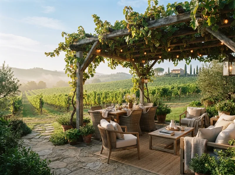 Pergola dining area amidst lush vineyards at Stellar Vineyard