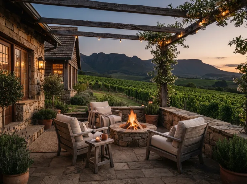 Rustic stone patio firepit with vineyard and hills view at Stellar Vineyard Chikkaballapur